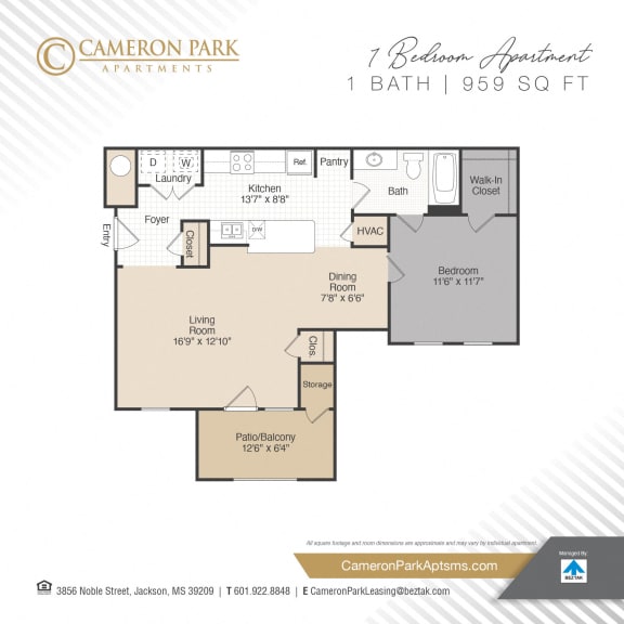 1 Bed 1 Bath Floor Plan at Cameron Park Apartments, Jackson, 39209