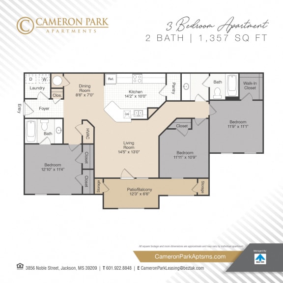 3 Bed, 2 Bath Floor Plan at Cameron Park Apartments, Jackson