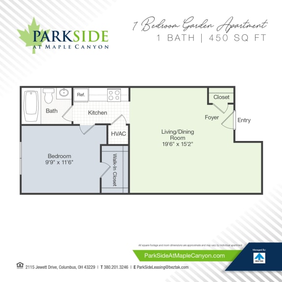 1 Bedroom - 450 Floor Plan at Parkside at Maple Canyon, Ohio, 43299