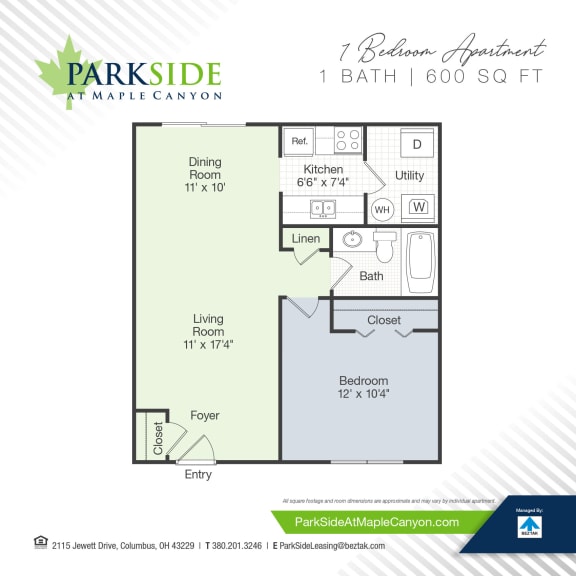 1 Bedroom - 600 Floor Plan at Parkside at Maple Canyon, Columbus, OH, 43299