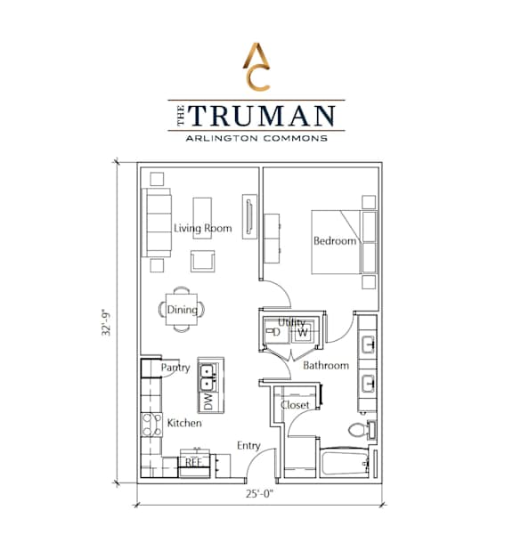 A floor plan for a home with a living room, dining room, kitchen, bathroom, and bedroom.