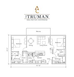 A floor plan for a home by The Tyler shows a balcony, two bedrooms, a living room, a dining area, a bathroom, a closet, a utility space, and an entry way.