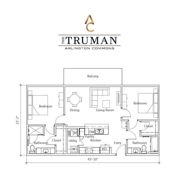 A floor plan for a home by The Tyler shows a balcony, two bedrooms, a living room, a dining area, a bathroom, a closet, a utility space, and an entry way.
