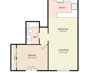 1 Bedroom 1 Bath 2D Floorplan at Bella Mar Apartments