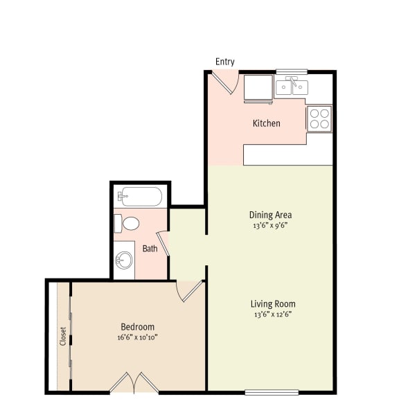 1 Bedroom 1 Bath 2D Floorplan at Bella Mar Apartments