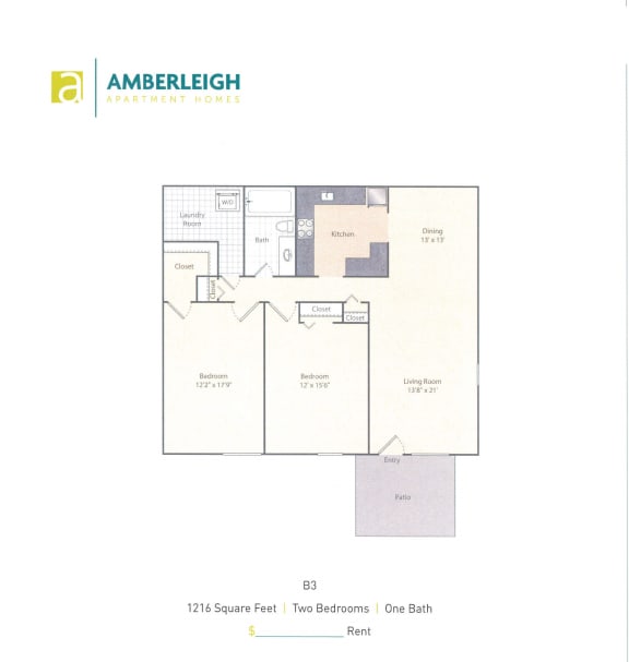 Two bedroom, one bath floor plan at Amberleigh apartments in Fairfax, Virginia 22031