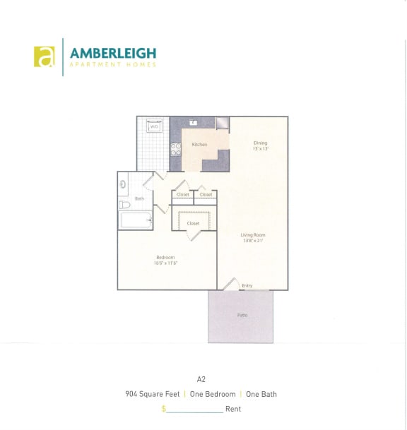 One bedroom, one bath floor plan at Amberleigh apartments in Fairfax, Virginia 22031