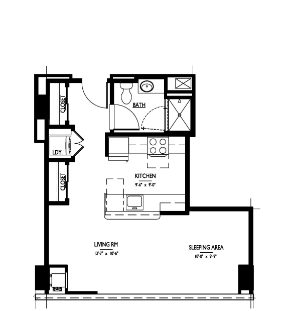 Studio 1 bath Floor Plan A10 at 1919 Market St., Philadelphia