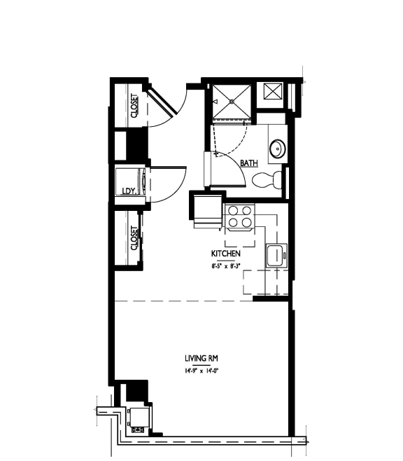 Studio 1 bath Floor Plan a at 1919 Market St., Philadelphia, PA | Living/Sleeping Area 14&#x27;-9
