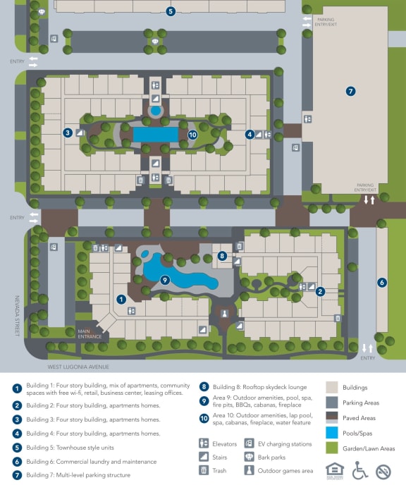 a map of a parking lot with a pool and trees