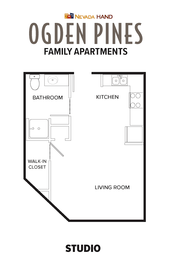 A black and white image of a floor plan for Ogden Pines Family Apartments.