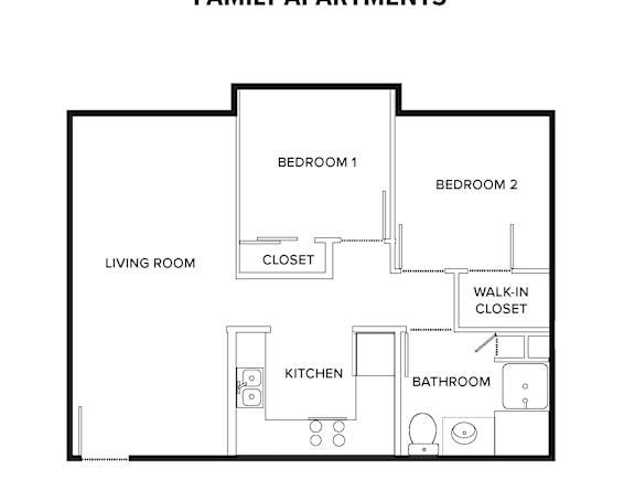 A black and white image of a 2-bedroom apartment layout.