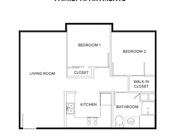 A black and white image of a 2-bedroom apartment layout.