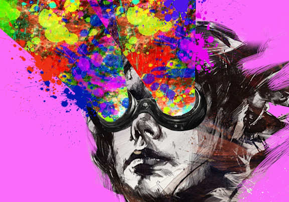 A person with a colorful explosion above their head.