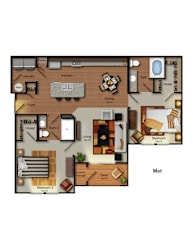 Met 2 bed 2 bath apartment floor plan at Residences at Prairiefire in Overland Park, KS with open kitchen, dining area, spacious living room, private deck, and walk-in closets. at Residences at Prairi