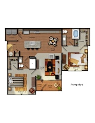 Pompidou 2 bed 2 bath apartment floor plan at Residences at Prairiefire in Overland Park, KS with open kitchen, dining area, spacious living room, private deck, and walk-in closets. at Residences at P