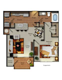 Guggenheim 1 bed 1 bath apartment floor plan at Residences at Prairiefire in Overland Park, KS with open kitchen, living area, deck, and walk-in closet. at Residences at Prairiefire Apartment Homes, O