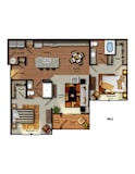 Met 2 bed 2 bath apartment floor plan at Residences at Prairiefire in Overland Park, KS with open kitchen, dining area, spacious living room, private deck, and walk-in closets. at Residences at Prairi