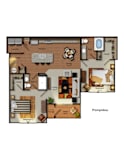 Pompidou 2 bed 2 bath apartment floor plan at Residences at Prairiefire in Overland Park, KS with open kitchen, dining area, spacious living room, private deck, and walk-in closets. at Residences at P