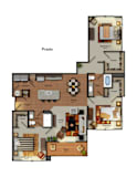 Prado 3 bed 2 bath apartment floor plan at Residences at Prairiefire in Overland Park, KS with open kitchen, dining area, spacious living room, private deck, and walk-in closets. at Residences at Prai