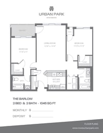 The Barlow 2 bedroom 2 bath floor plan 1045 square feet at Urban Park I and II Apartments, St Louis Park, Minnesota