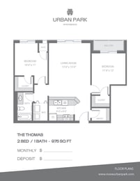 The Thomas 2 bedroom 1 bath floor plan 975 square feet at Urban Park I and II Apartments, St Louis Park, 55426