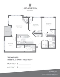 The Walker 3 bedroom 2 bath floor plan 1300 square feet at Urban Park I and II Apartments, St Louis Park