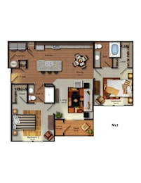 Met 2 bed 2 bath apartment floor plan at Residences at Prairiefire in Overland Park, KS with open kitchen, dining area, spacious living room, private deck, and walk-in closets. at Residences at Prairi