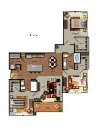 Prado 3 bed 2 bath apartment floor plan at Residences at Prairiefire in Overland Park, KS with open kitchen, dining area, spacious living room, private deck, and walk-in closets. at Residences at Prai