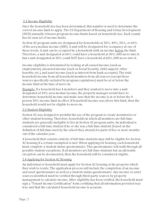 A document with text discussing income eligibility and student eligibility for housing.