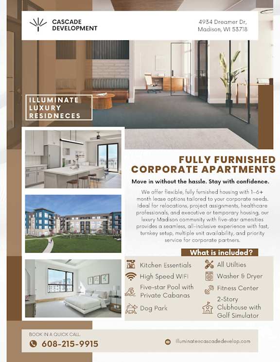 A flyer for fully furnished corporate apartments at Cascade Development.