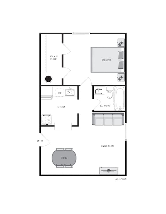A floor plan of a small apartment with a living room, kitchen, bathroom, and bedroom.