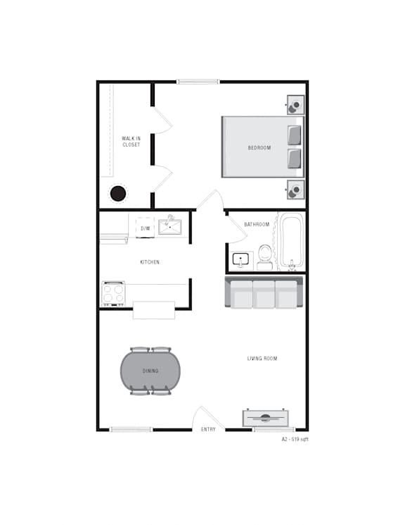 A floor plan of a house with a living room, dining room, kitchen, bathroom, and two bedrooms.