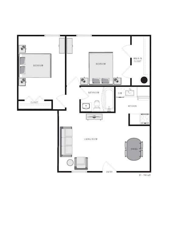A floor plan of a house with two bedrooms, a living room, a kitchen, a bathroom, a dining room, and an entry.