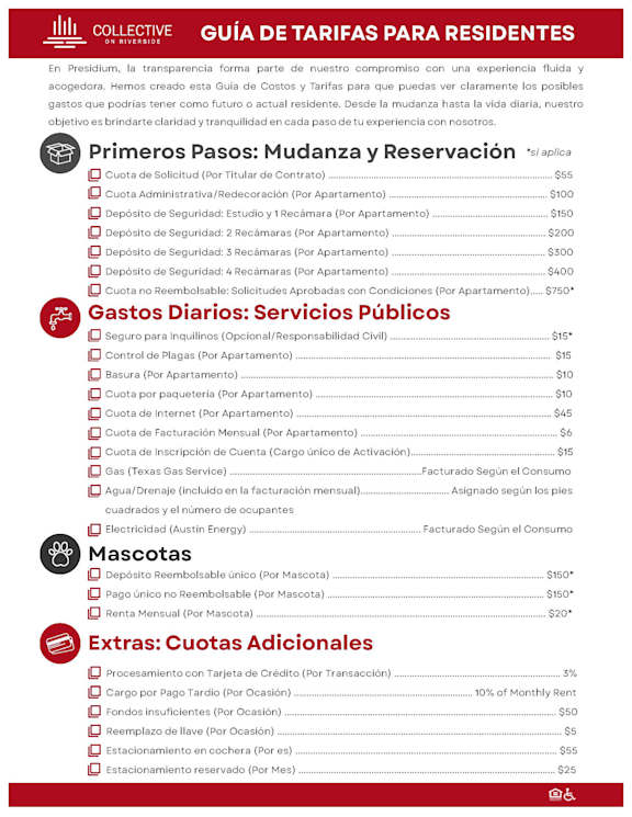 A red and white infographic titled "GUIDE TO RENTS FOR RESIDENTS" outlining various costs associated with student housing.