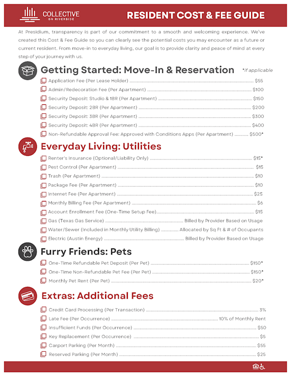 A Resident Cost & Fee Guide for a Collective living space.