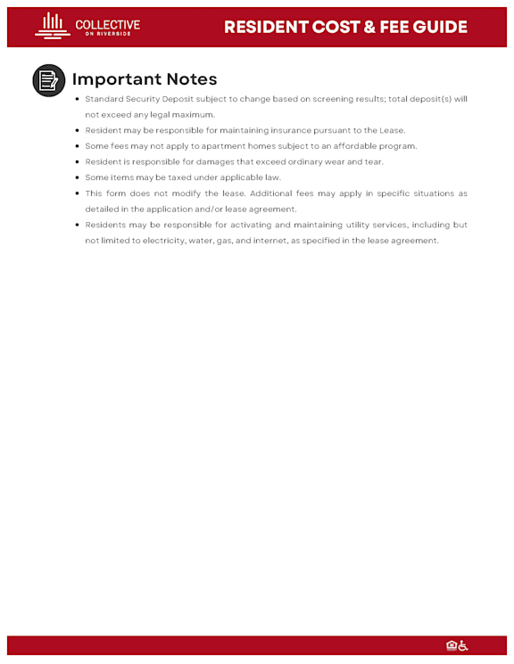 A document titled "RESIDENT COST & FEE GUIDE" with a list of important notes regarding resident responsibilities and costs.