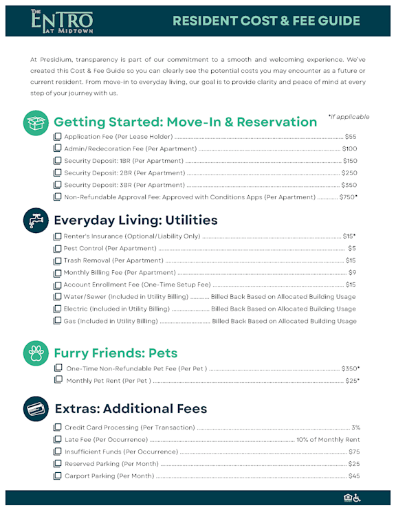 A Resident Cost & Fee Guide for a community named Eniro.