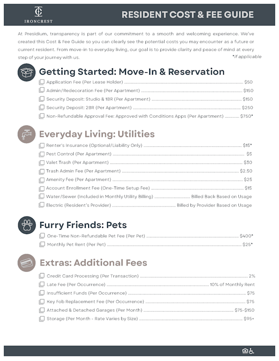 A document titled "RESIDENT COST & FEE GUIDE" outlines various fees associated with living at Presidium, including move-in, utilities, pets, and extras.