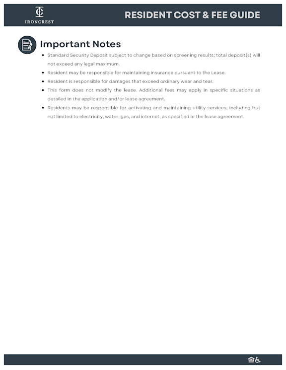 A document titled "RESIDENT COST & FEE GUIDE" with a list of important notes regarding resident costs and fees.