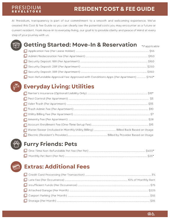 A guide detailing the cost of living at Presidium Revelstoke, including move-in, utilities, pets, and extras.
