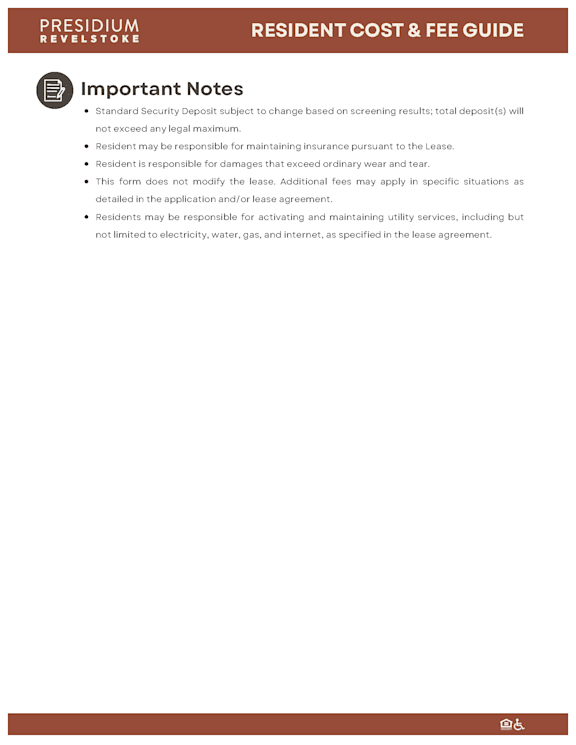 A document titled 'RESIDENT COST & FEE GUIDE' with a list of important notes regarding resident responsibilities and lease agreements.