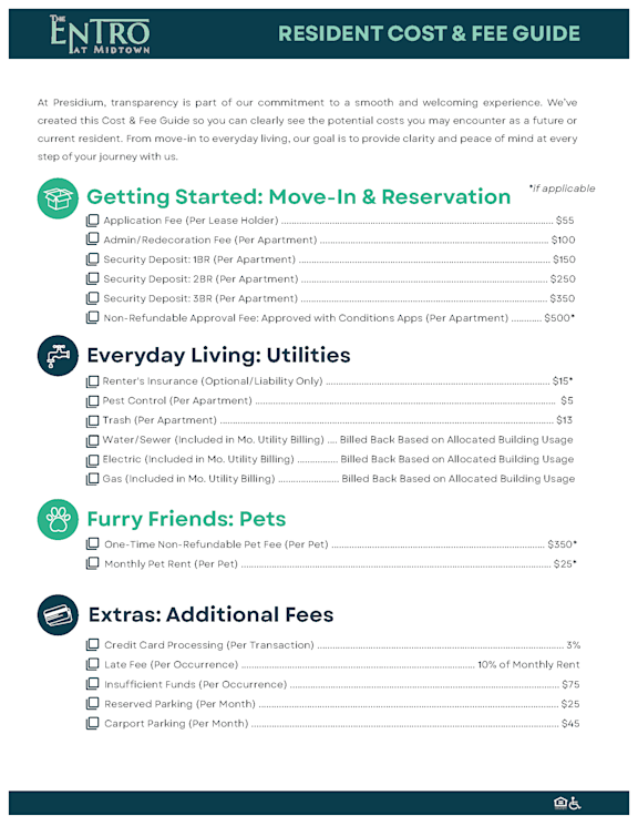 A Resident Cost & Fee Guide for a property named Eniro.
