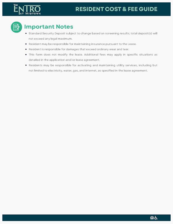 A document titled "RESIDENT COST & FEE GUIDE" with a list of important notes regarding resident responsibilities and lease agreements.