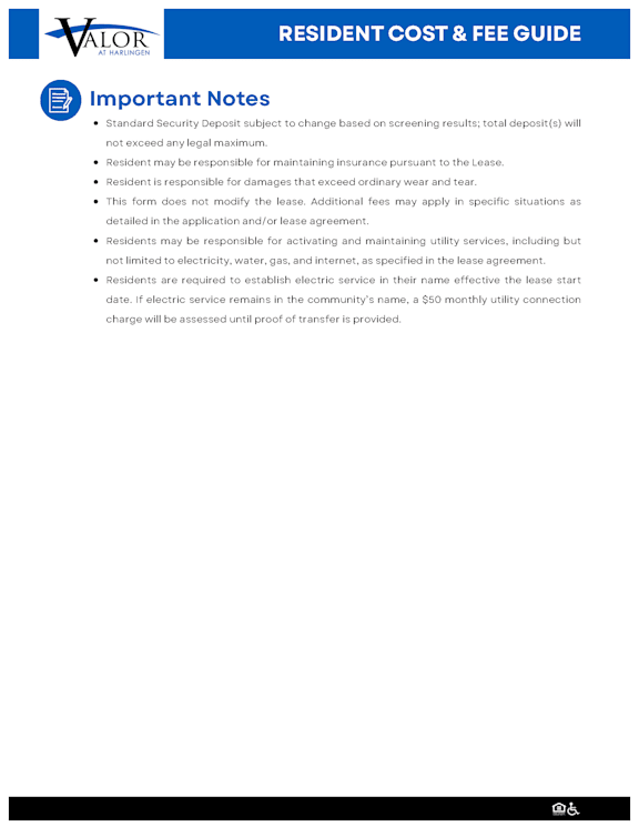 A document titled "RESIDENT COST & FEE GUIDE" with a list of important notes regarding resident responsibilities and costs.