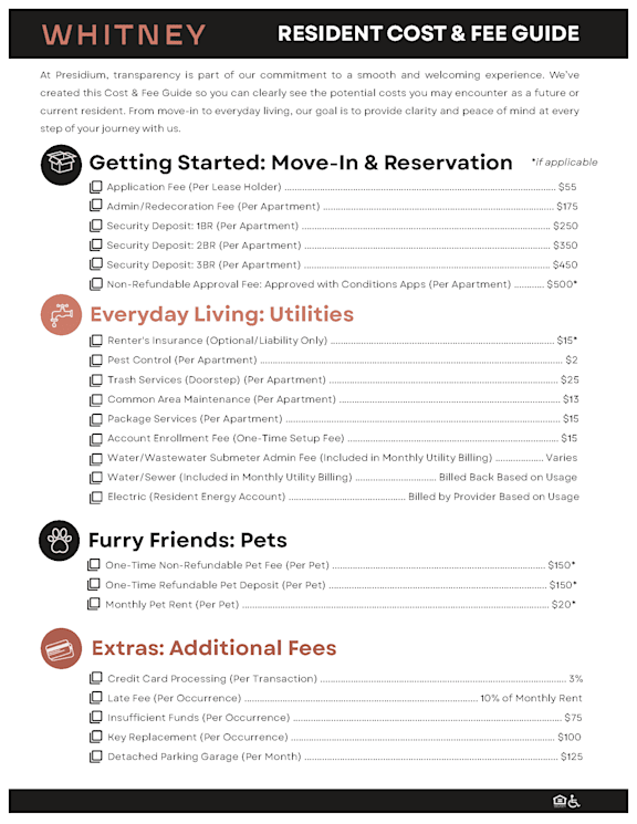 A detailed cost and fee guide for residents of Whitney, including move-in, utilities, pets, and additional fees at Whitney at the Heights, Houston, TX