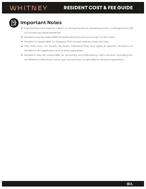 Whitney resident cost and fee guide important notes page at Whitney at the Heights, Houston, 77008