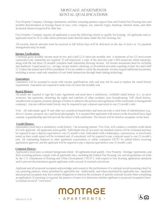 A document titled "MONTAGE APARTMENTS RENTAL QUALIFICATIONS" outlining various criteria for rental qualifications.