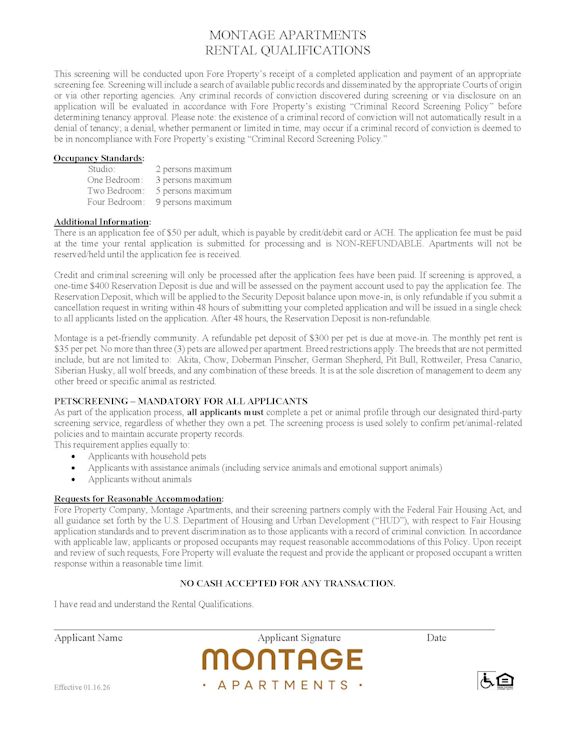 A document titled "MONTAGE APARTMENTS RENTAL QUALIFICATIONS" with various sections including "Occupancy Standards", "Additional Information", and "PETSCREENING - MANDATORY