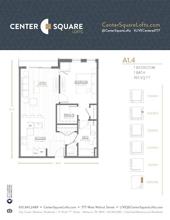 A1.4 Floor Plan at Center Square Lofts West, Allentown, 18101